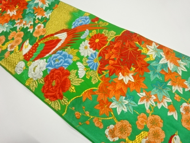 孔雀に花々模様織出し袋帯